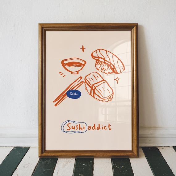 Sushi Addict Hand Drawn Japanese Food Illustration Kitchen Poster