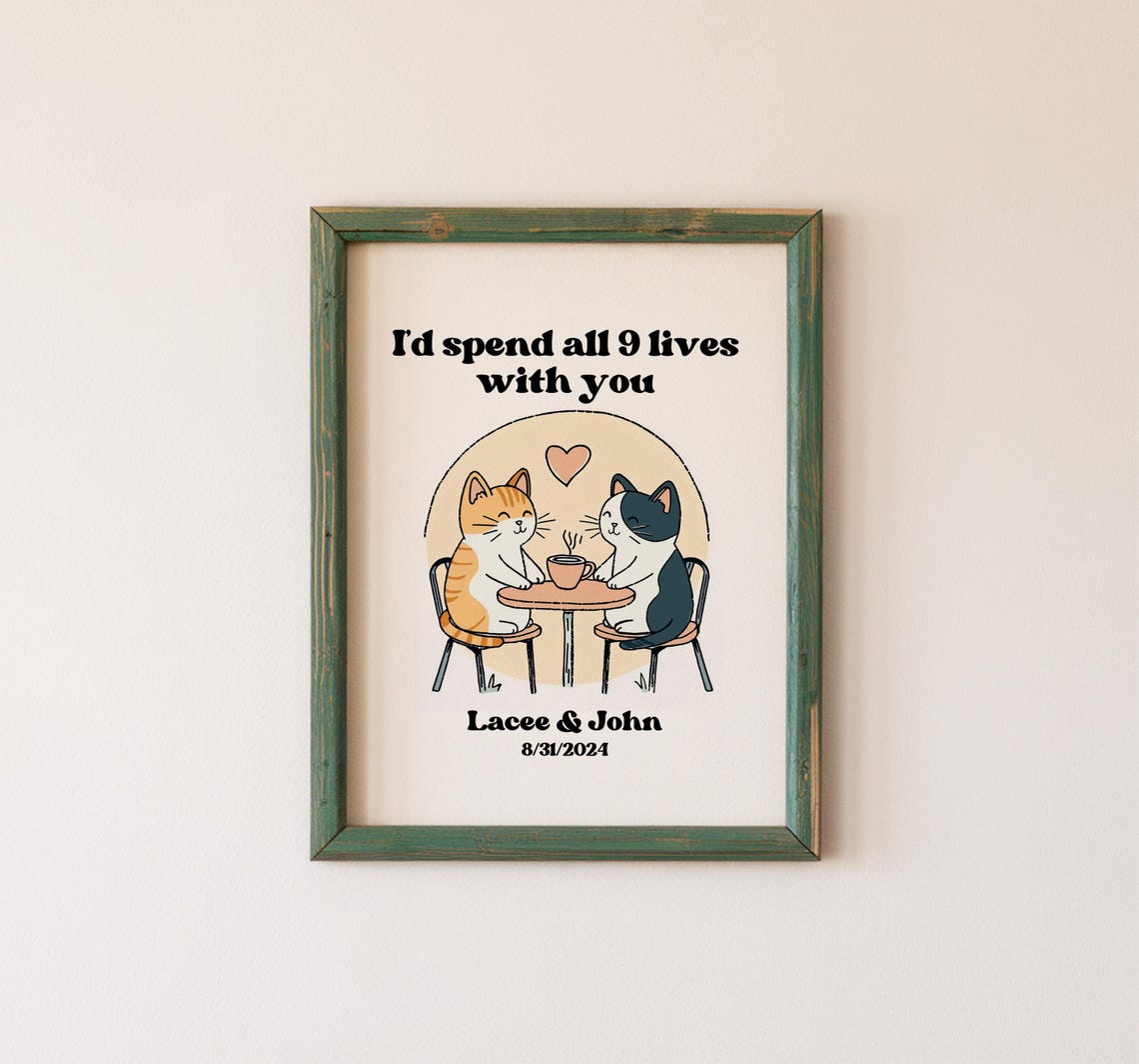 Cat Couple Coffee Date Personalized Anniversary Love Gift Poster
