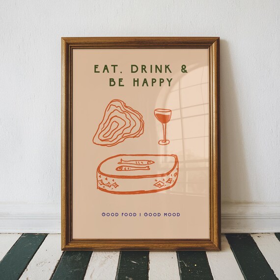 Eat Drink and Be Happy Food Quote Line Art Poster for Kitchen
