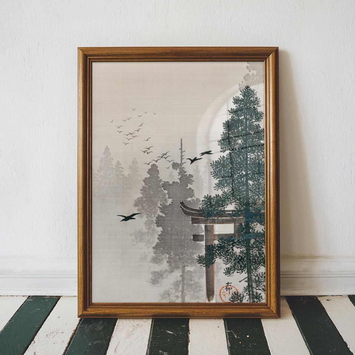 Flock of Birds Vintage Japanese Woodblock Torii Forest Poster
