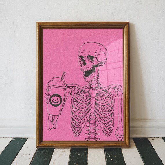 Skeleton with Pumpkin Latte Pink Spooky Funny Halloween Art Poster