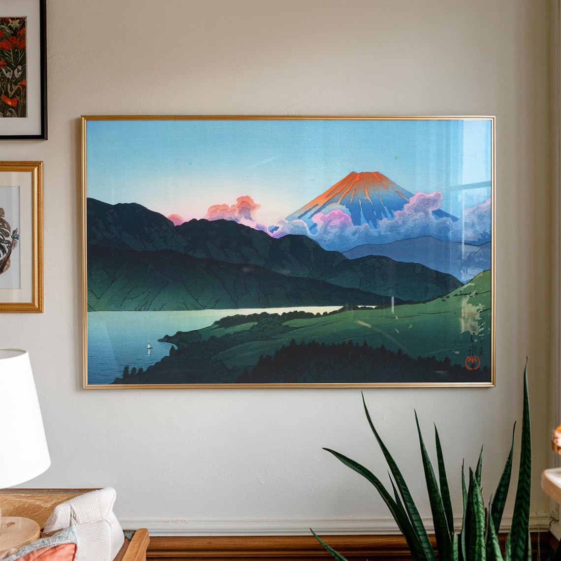 Mount Fuji Dawn Over Lake Japanese Woodblock Style Landscape Art Print