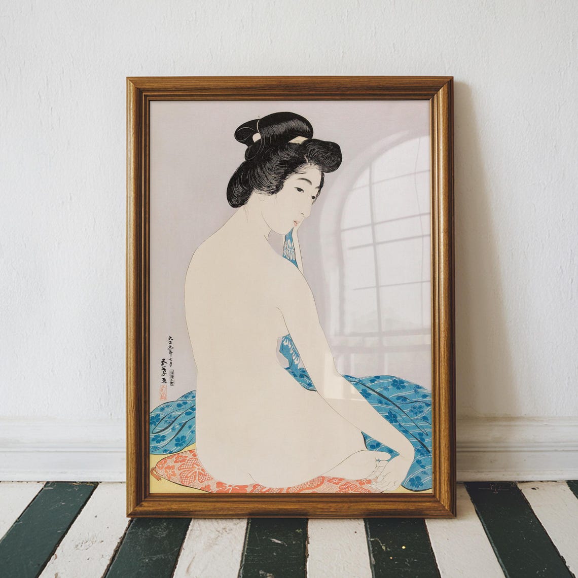 Japanese Woodblock Bathing Woman Traditional Hair Bun Serene Art Print