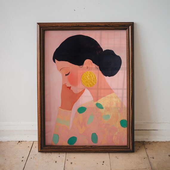 Woman In Profile With Gold Earring Polka Dot Modern Art Poster