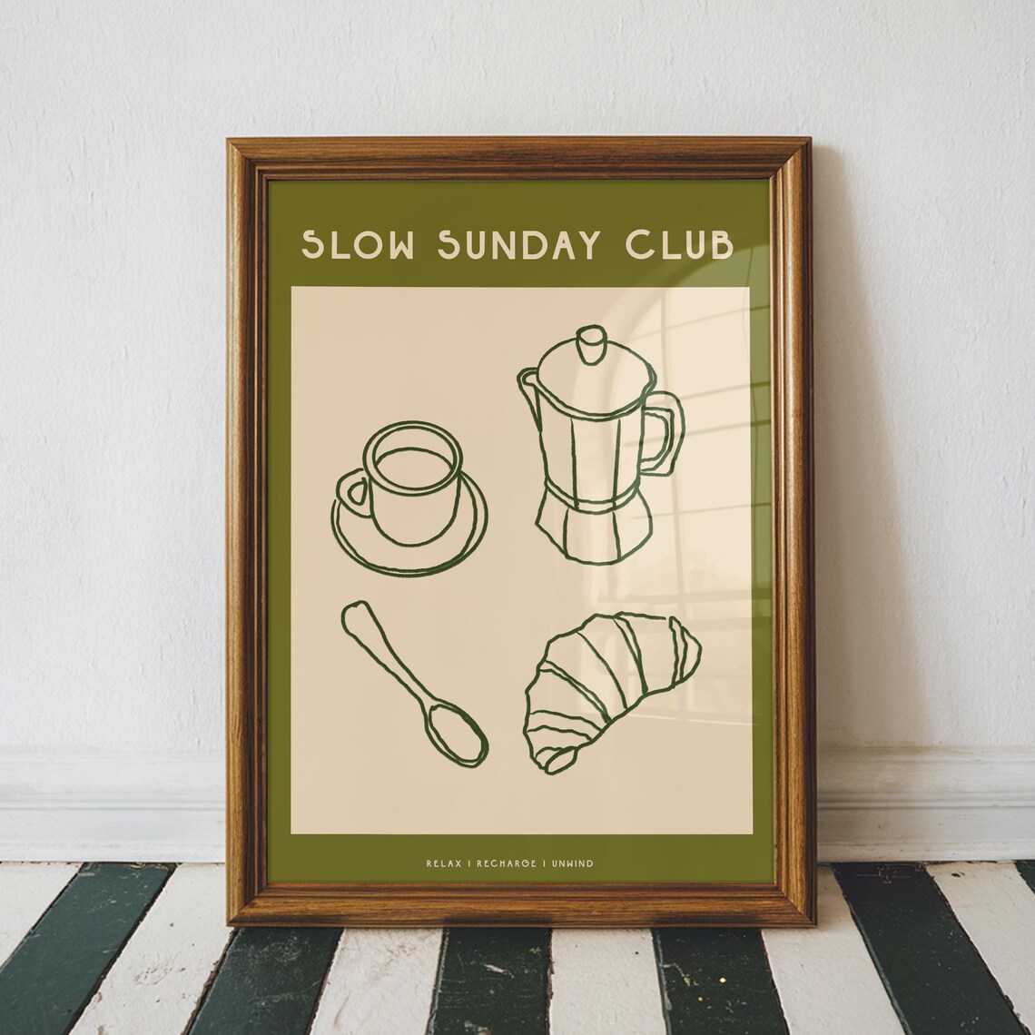 Slow Sunday Club Coffee Line Art Poster in Olive Green Tones