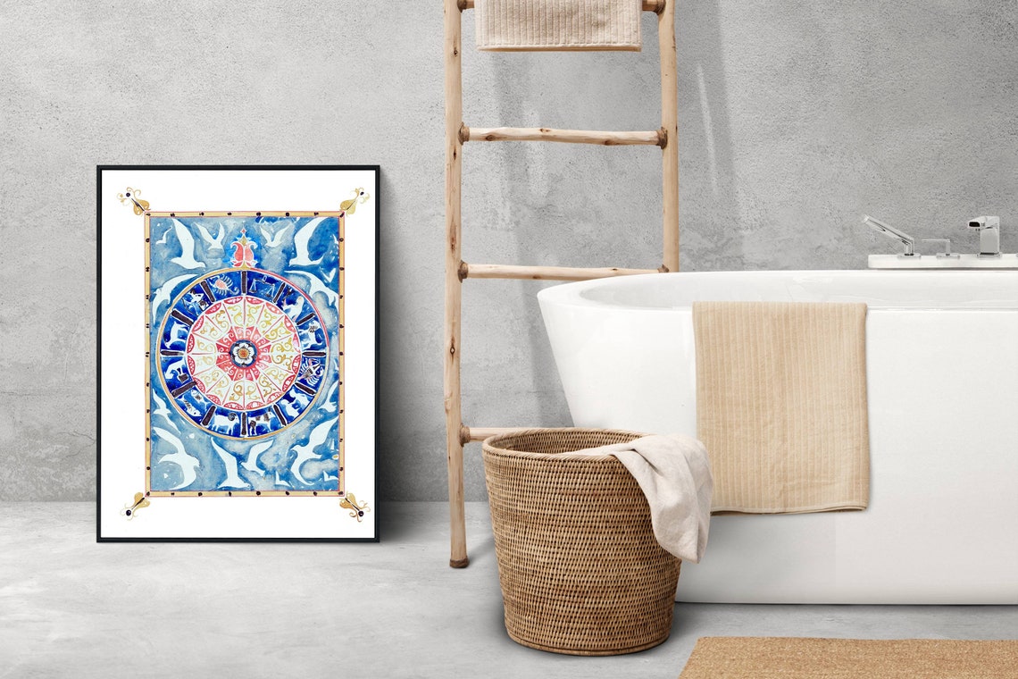 Blue Zodiac Wheel Astrology Watercolor Celestial Mandala Art Print - Image 2