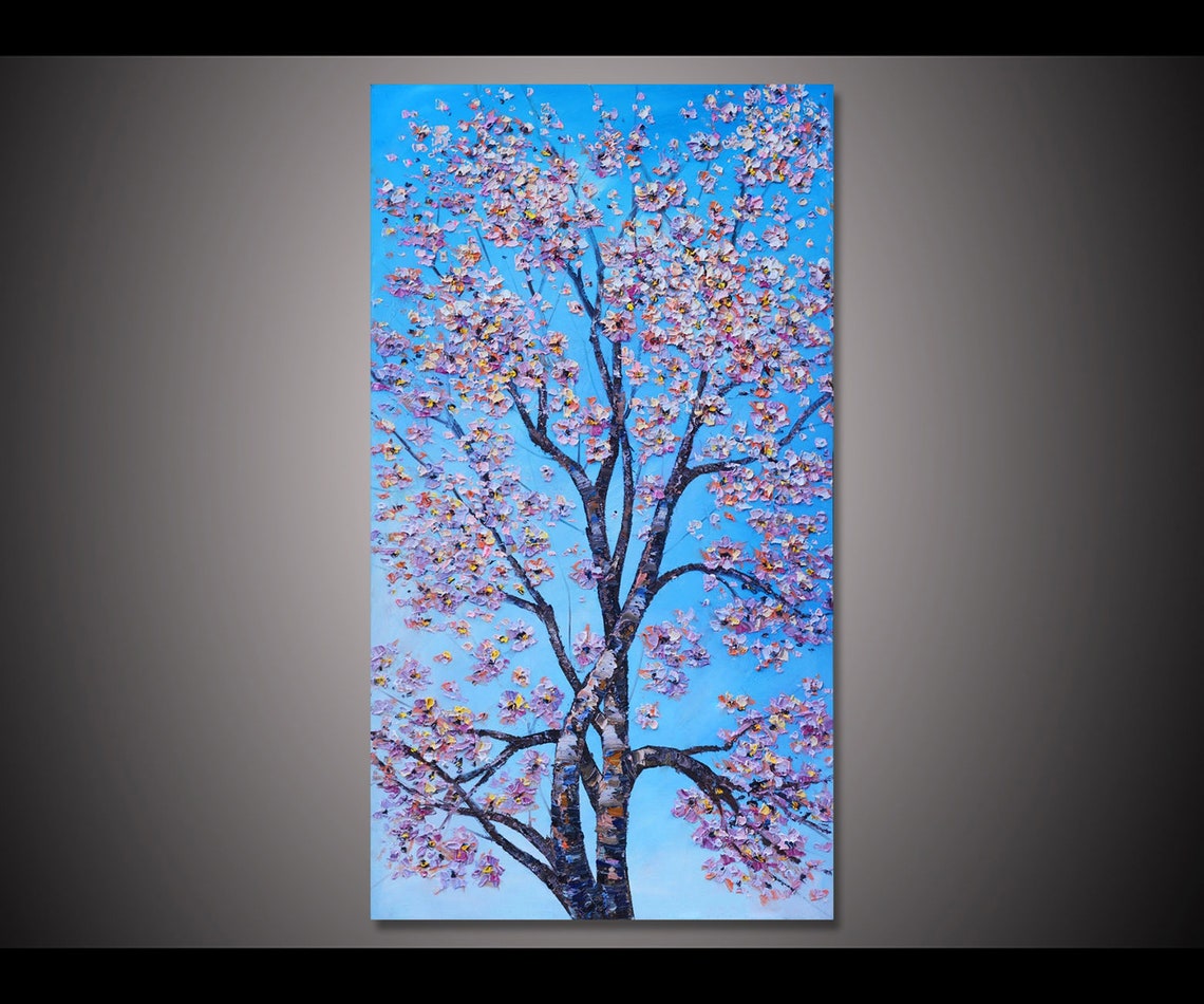 Pink Cherry Blossom Tree Impasto Oil Painting Blue Sky Wall Art