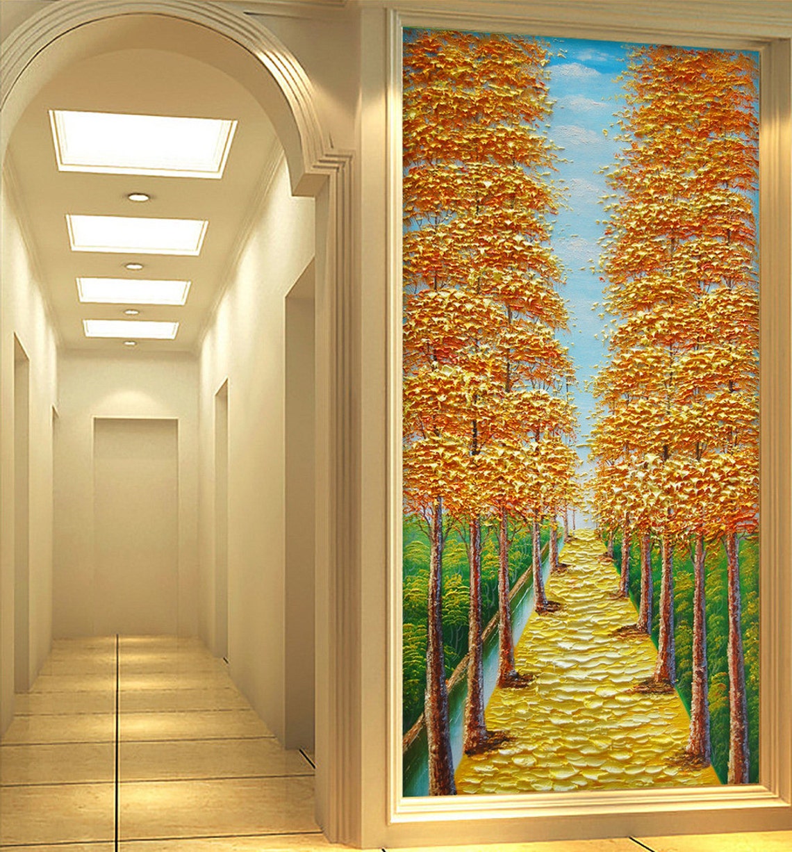 Golden Autumn Tree Avenue Path With Blue Sky Oil Paint Poster - Image 3