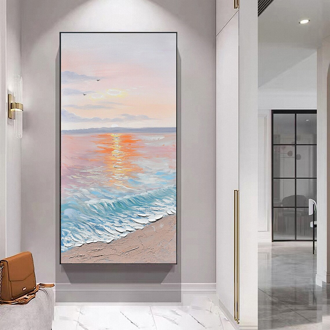 Serene Soft Pastel Beach Sunrise Waves Minimalist Ocean Art Poster