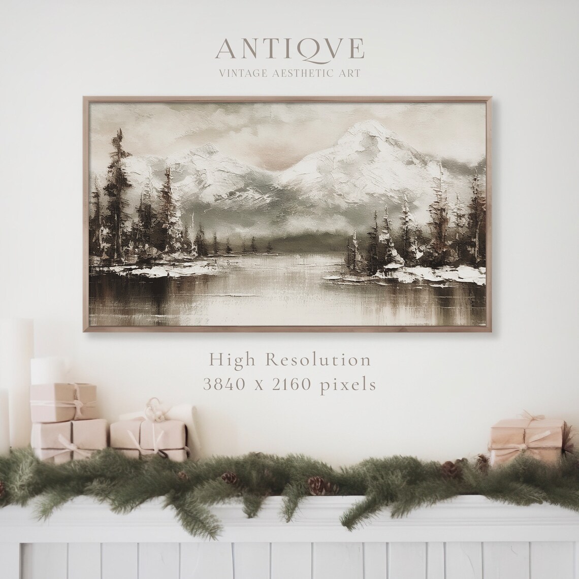 Textured Snowy Mountain Lake Landscape Muted Winter Painting Poster - Image 3