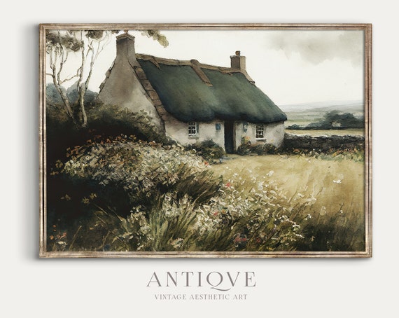 Irish Thatched Cottage Watercolor Landscape Art Print