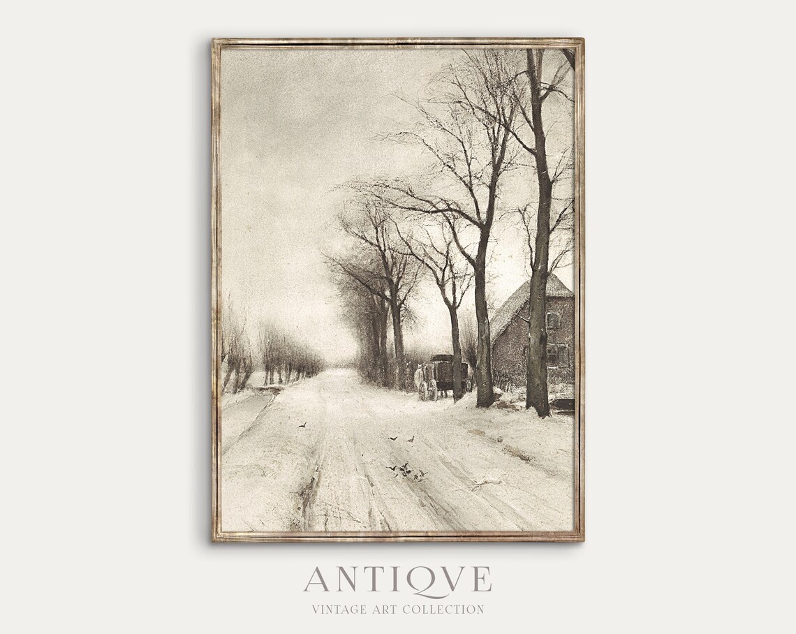 Horse Drawn Cart on Snowy Road Vintage Winter Painting Art Print