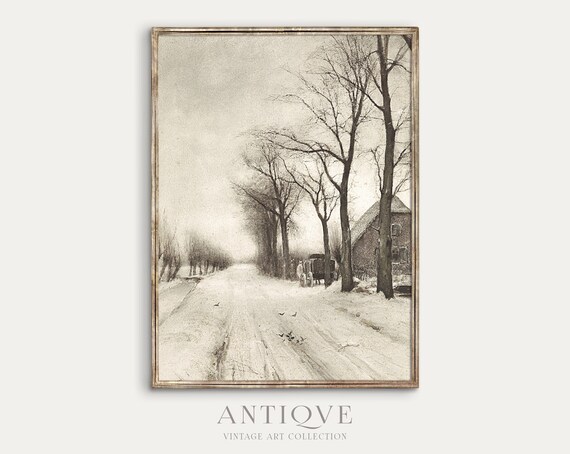 Horse Drawn Cart on Snowy Road Vintage Winter Painting Art Print