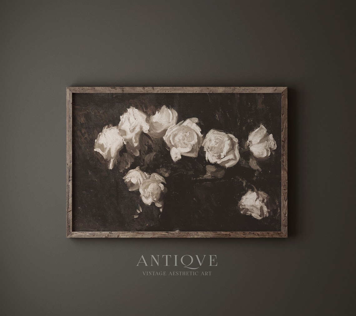White Roses Dark Background Chiaroscuro Vintage Flower Print - Image 3