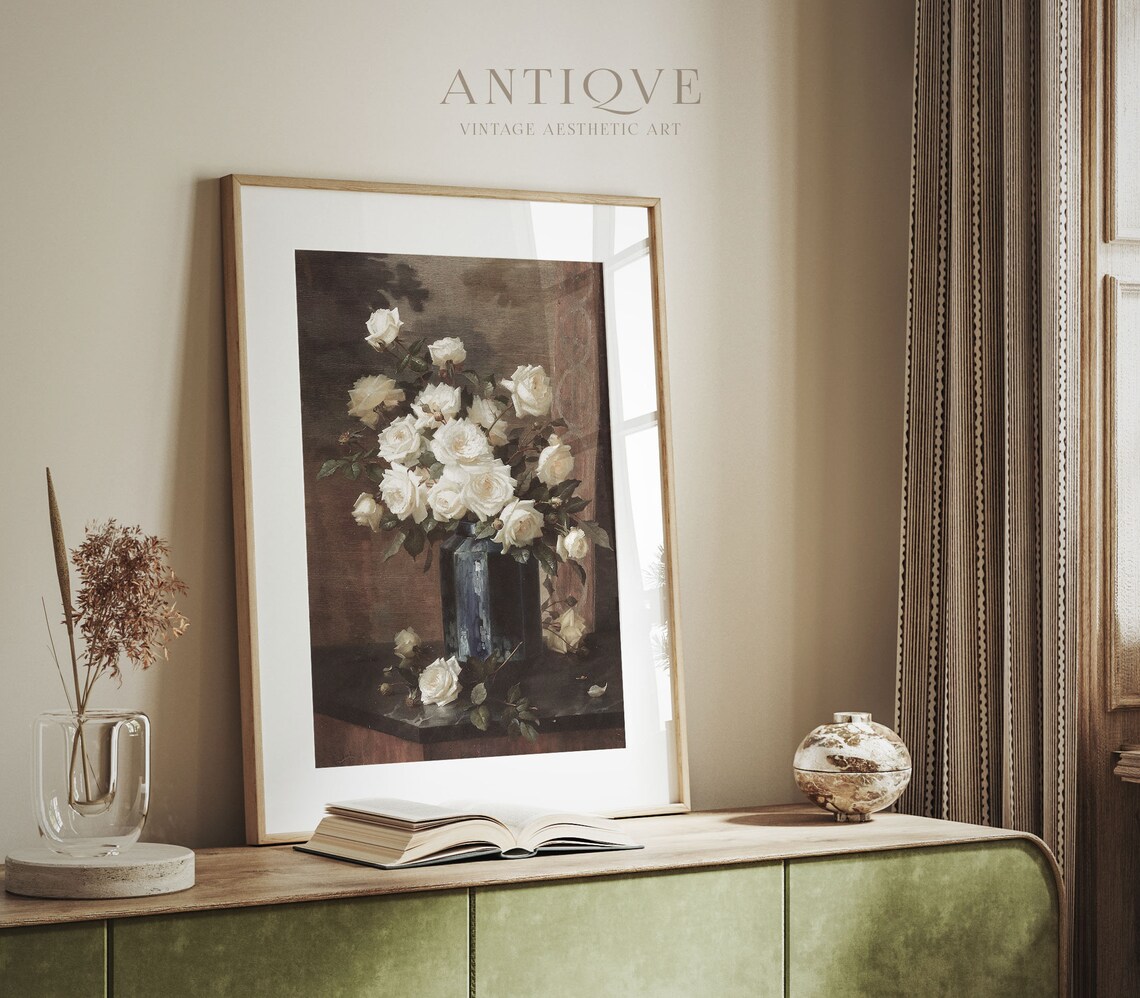 Moody Vintage White Roses Still Life, Wall Art Print - Image 2