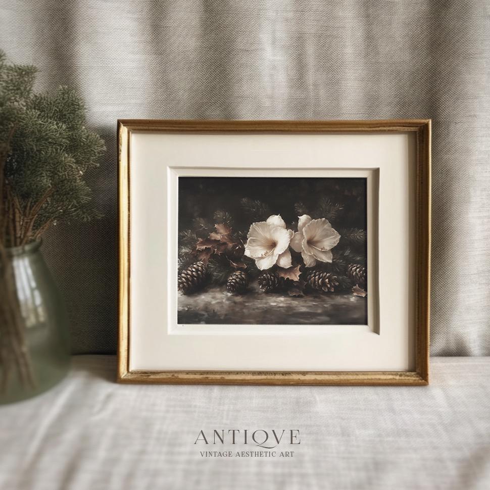White Amaryllis With Pinecones, Rustic Christmas Art Print - Image 3