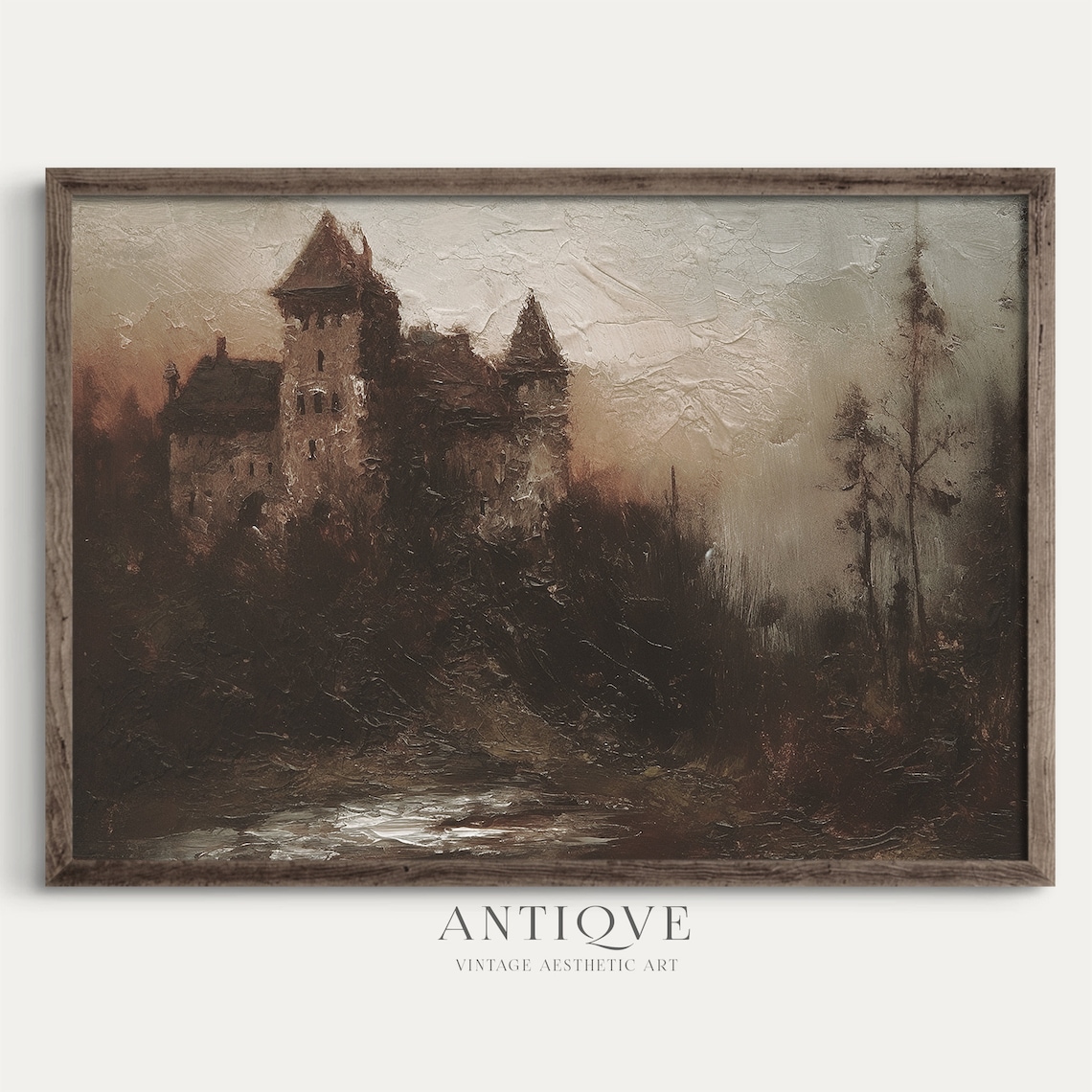 Medieval Castle on Hill Dark Dusk Vintage Oil Painting Print