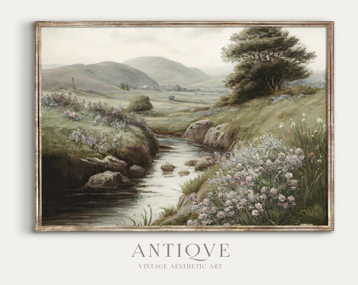 Irish Landscape Painting Stream With Flowers Art Print