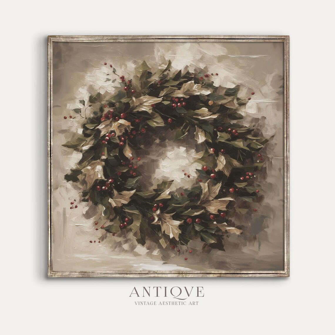 Christmas Wreath With Holly Berries Vintage Style Painting Art Poster