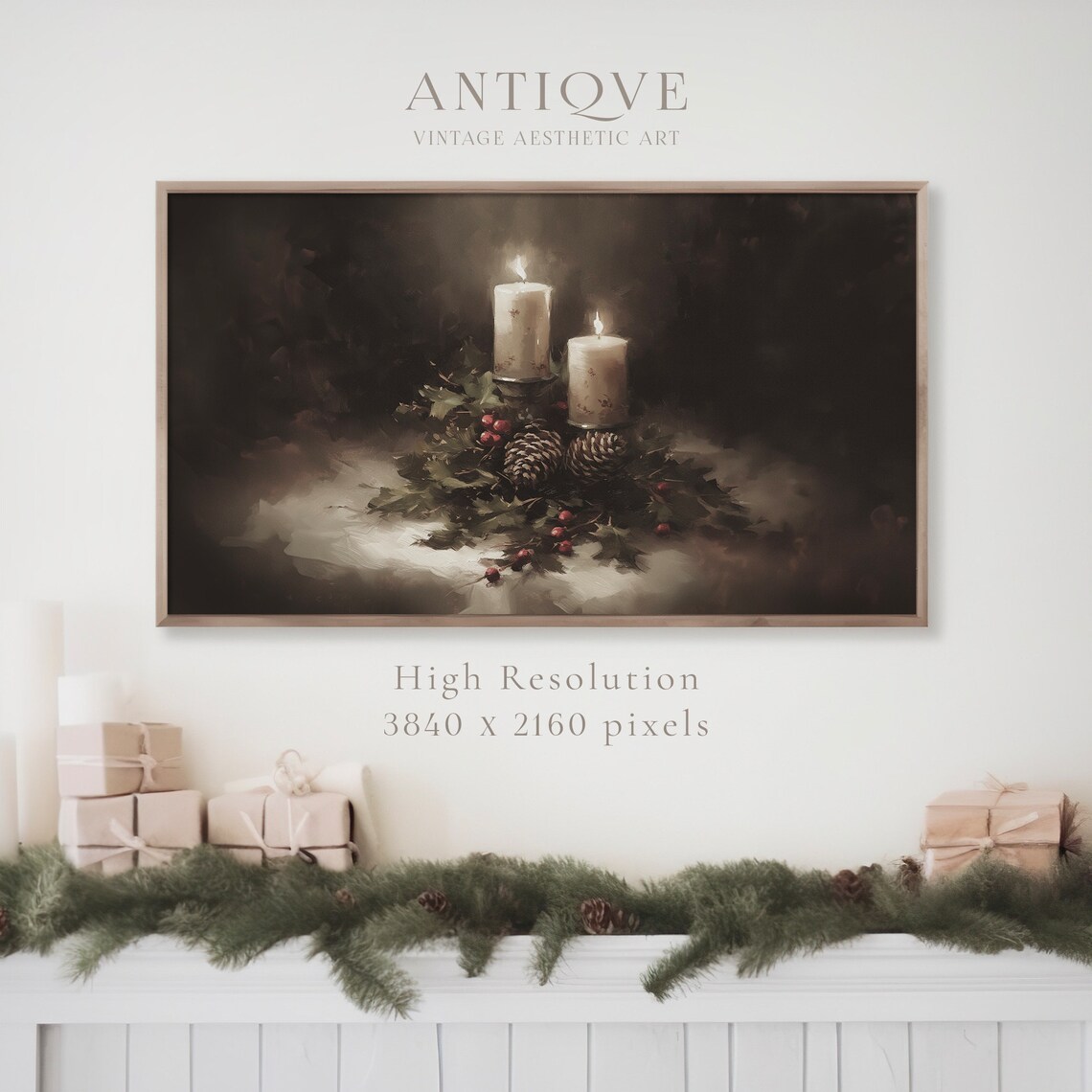 Lit Christmas Candles with Pinecones and Holly Still Life Art Print - Image 3