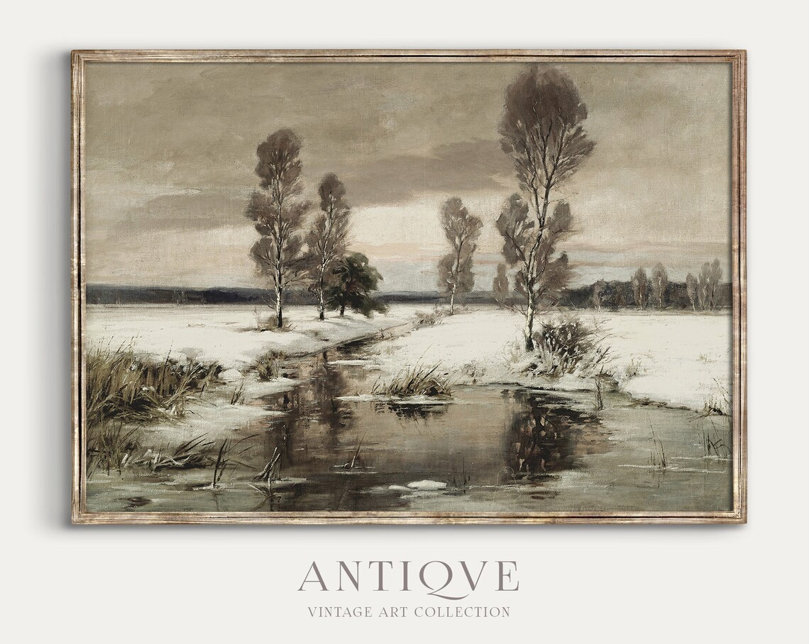 Vintage Winter Landscape, Trees And Lake