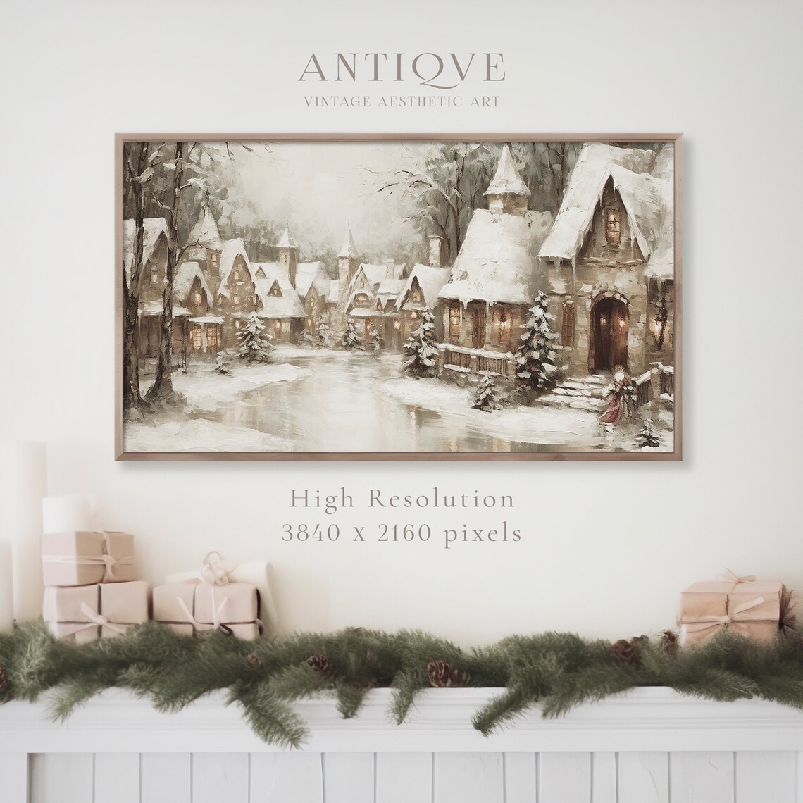 Snowy Christmas Village Street with Stone Houses Holiday Art Print - Image 3