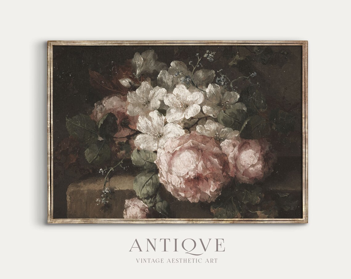 Moody Vintage Still Life Roses Oil Painting Art Print