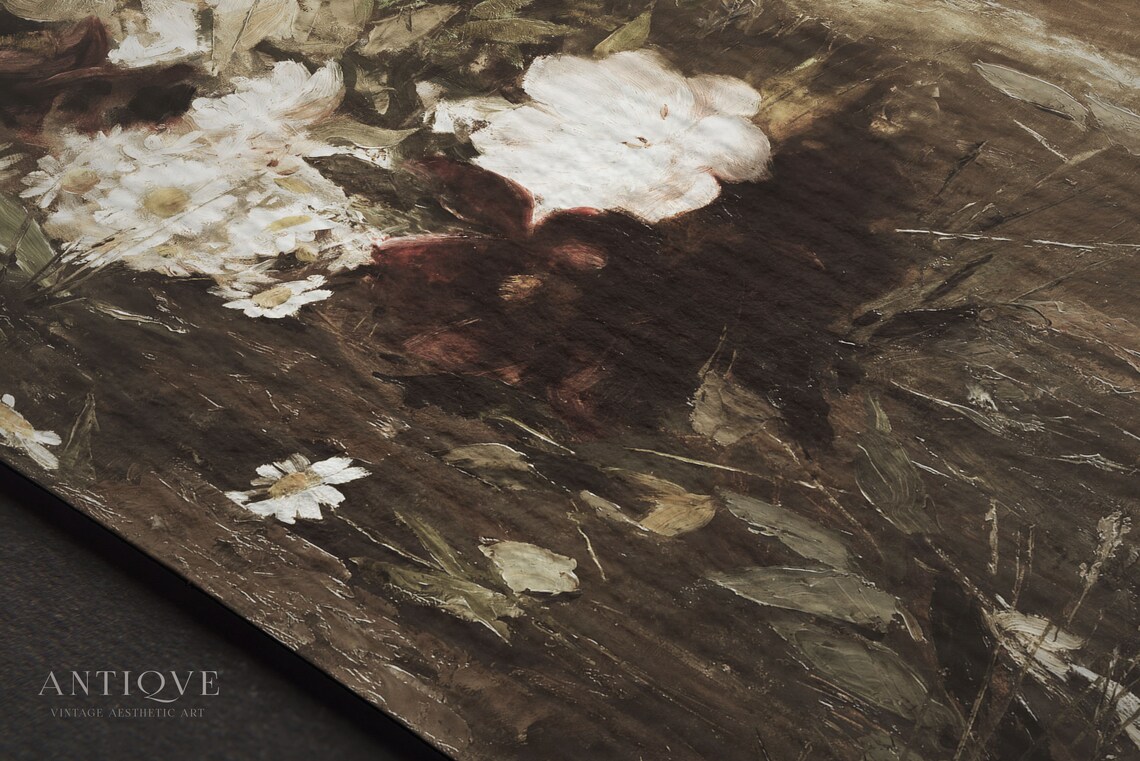 Wild White Blossoms Dark Meadow Vintage Floral Painting Print - Image 4