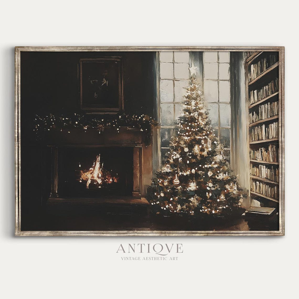 Moody Library Fireplace Glowing Christmas Tree Winter Evening Wall Art