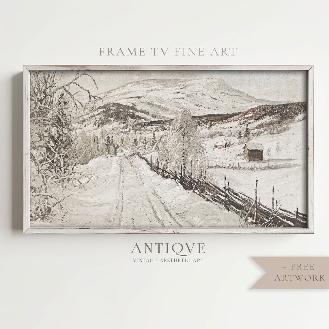 Snowy Country Road with Fences Mountains Cabin Vintage Winter Wall Art