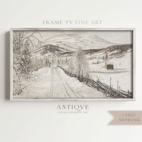 Snowy Country Road with Fences Mountains Cabin Vintage Winter Wall Art