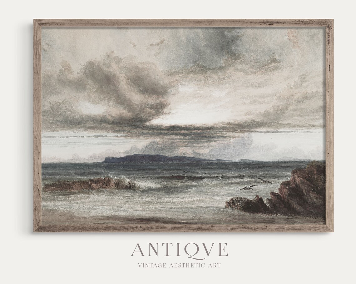 Rocky Irish Coast Seagulls Stormy Sky Vintage Seascape Poster