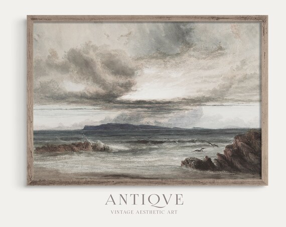 Rocky Irish Coast Seagulls Stormy Sky Vintage Seascape Poster