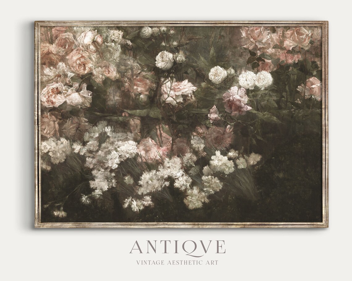 Moody Rose Garden Vintage Oil Painting Dark Floral Art Print