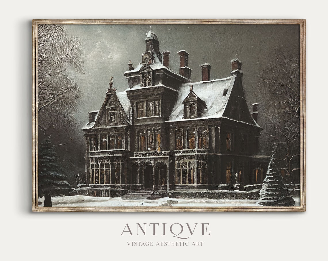 Snowy Victorian Mansion At Night Moody Haunted Gothic Winter Poster