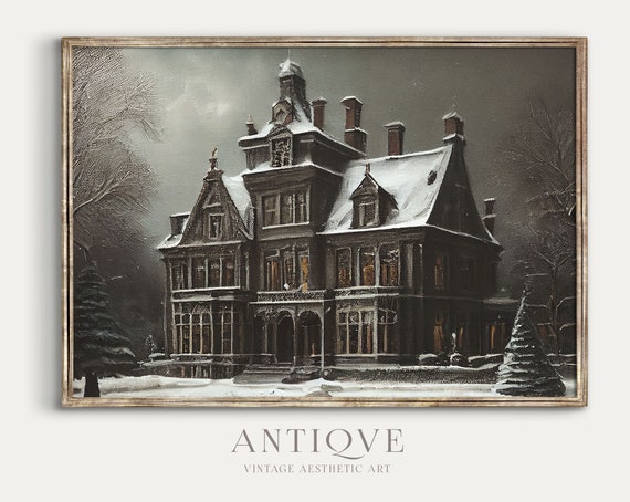 Gloomy Victorian Mansion Winter Painting Haunted House Wall Art Moody Vintage Art Dark Gothic Aesthetic Decor 632