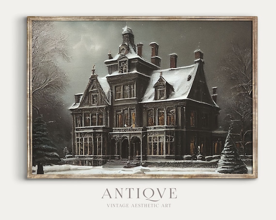 Snowy Victorian Mansion At Night Moody Haunted Gothic Winter Poster