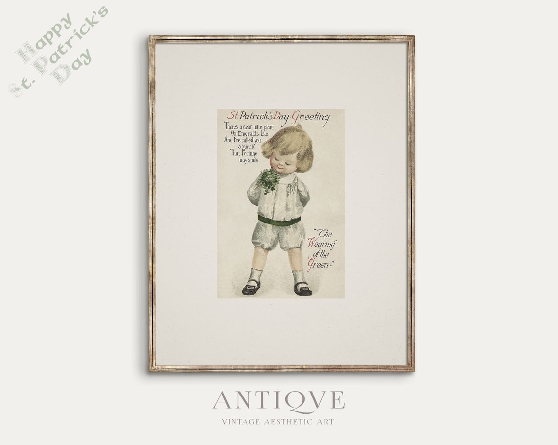 Vintage St Patrick's Day Greeting Card Child with Shamrocks Poster