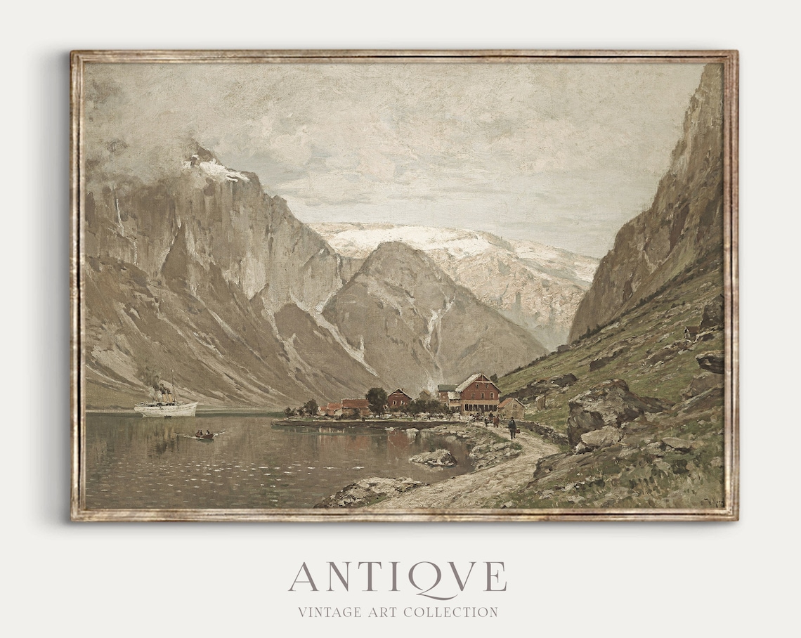 Winter Fjord Village with Boat Vintage Mountain Oil Painting Print