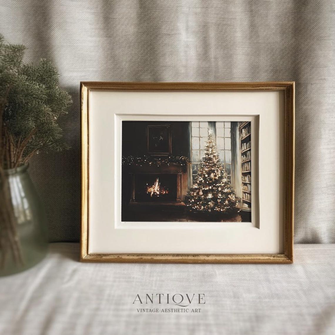 Moody Library Fireplace Glowing Christmas Tree Winter Evening Wall Art - Image 3