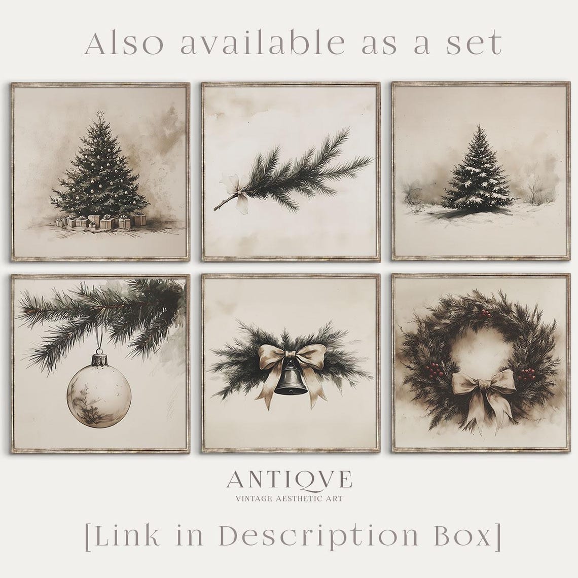 Vintage Christmas Sketch Six Piece Set Rustic Neutral Holiday Print
