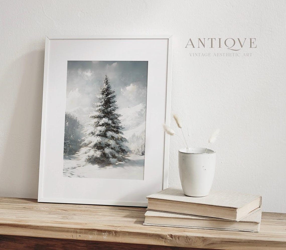 Snow Covered Pine Tree In Winter Mountains Landscape Art Poster - Image 4