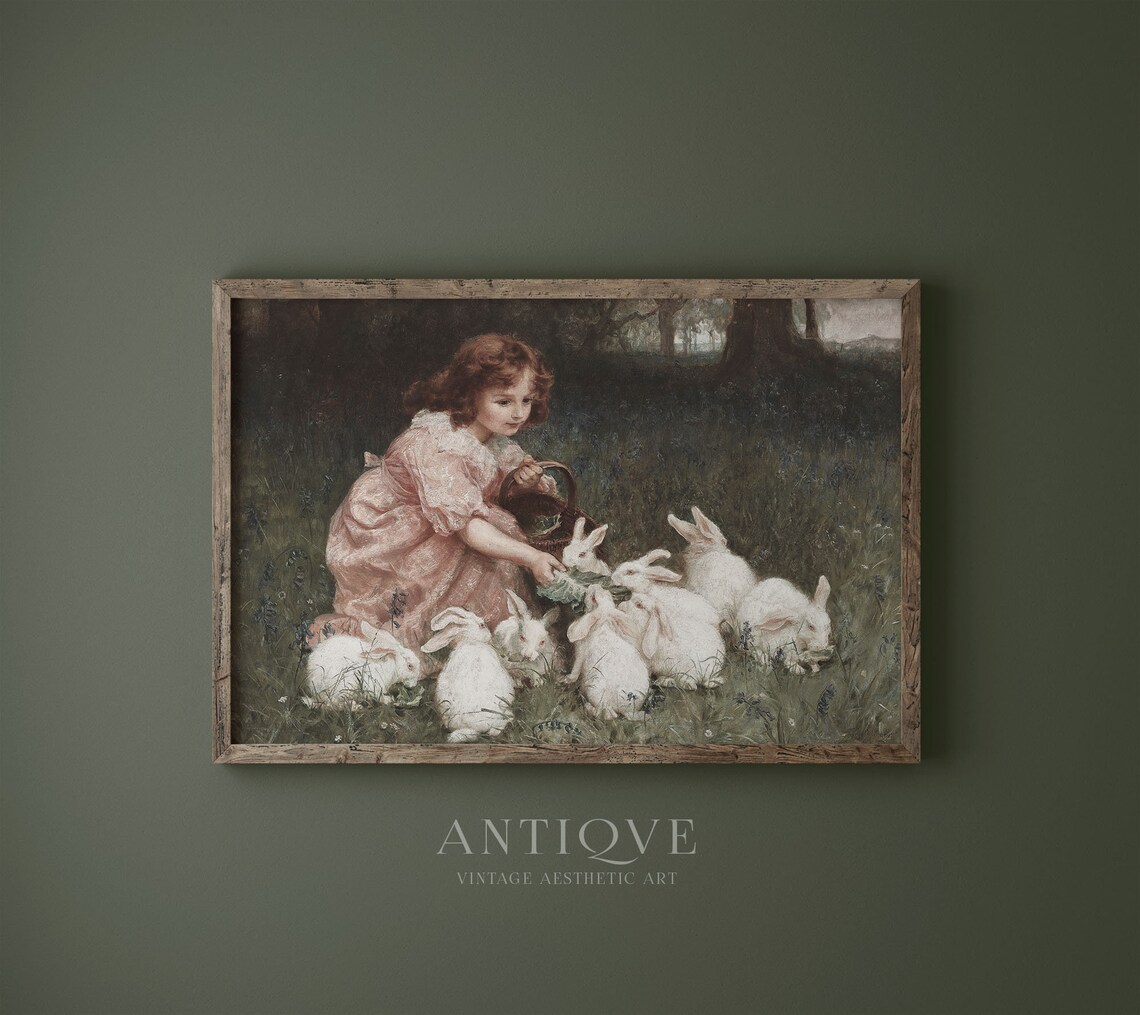 Little Girl Feeding Bunnies, Vintage Nursery Art Print - Image 3