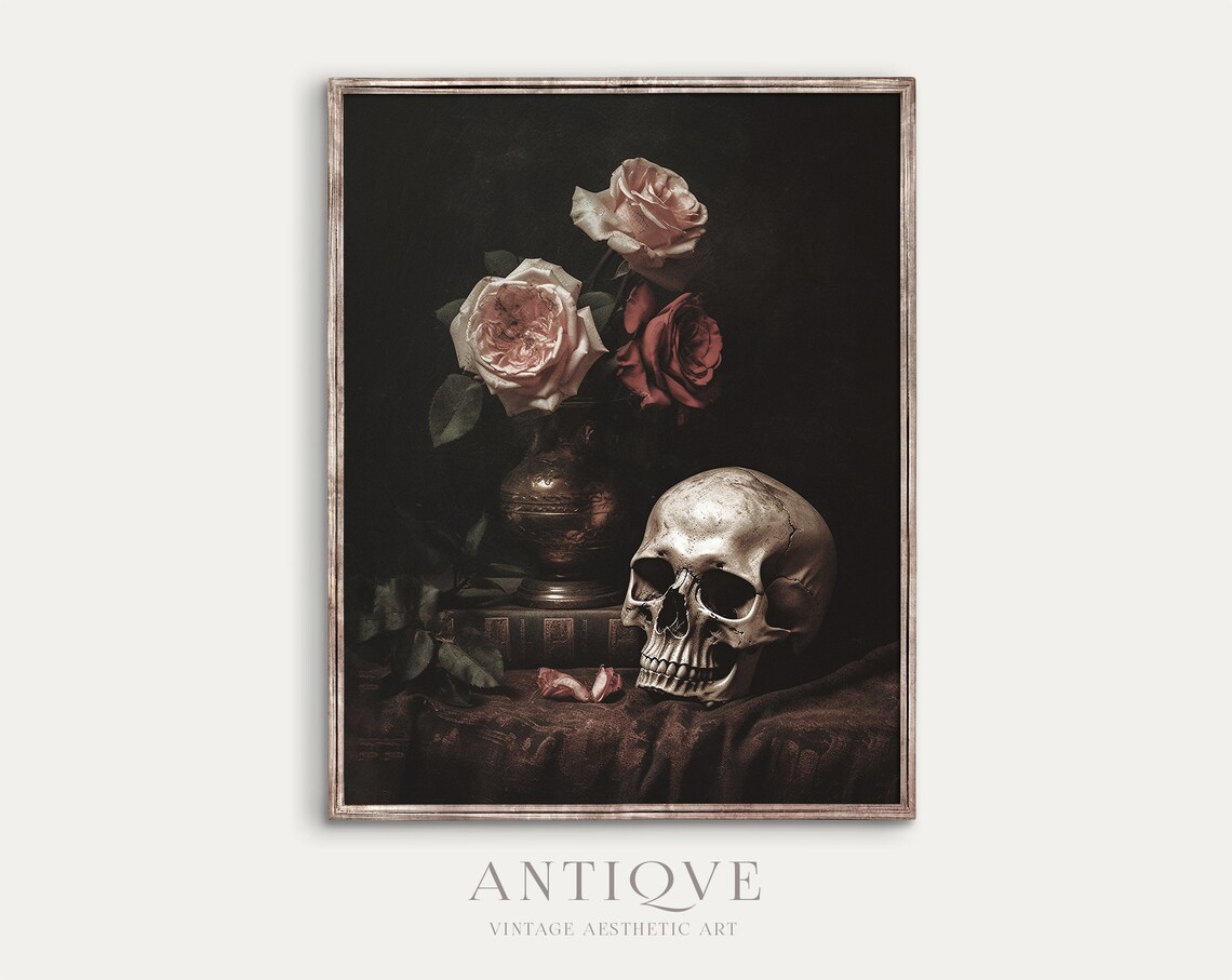 Moody Skull and Roses Goth Decor Halloween Art Print - Image 3