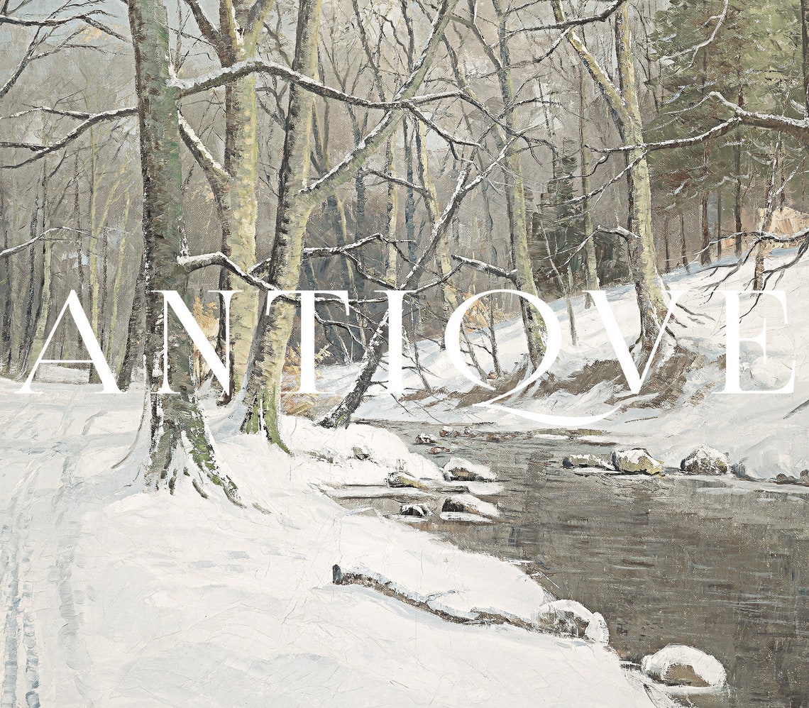 Vintage River Winter Woods Oil Painting - Image 3