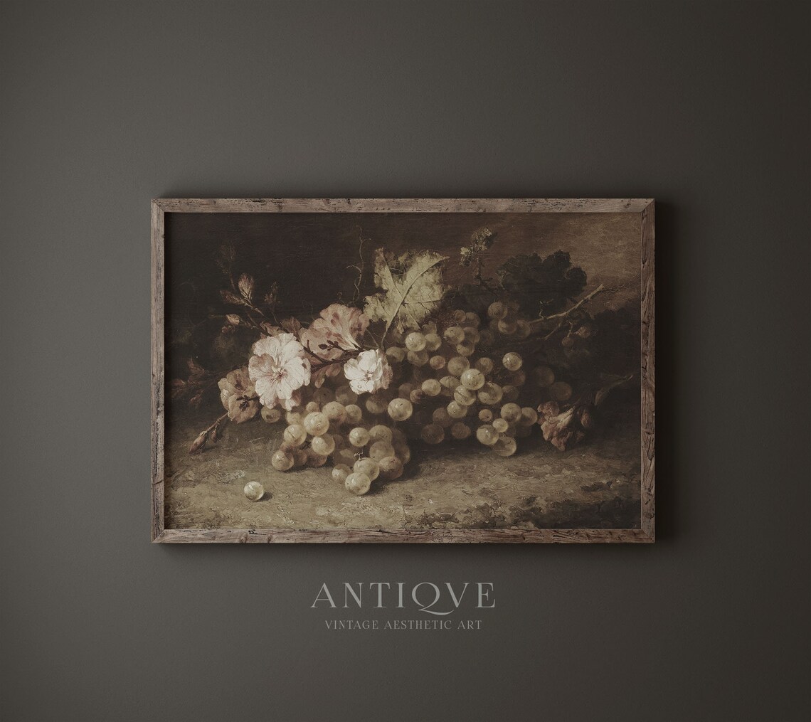 Moody Vintage Grapes Flowers Still Life, Antique - Image 4