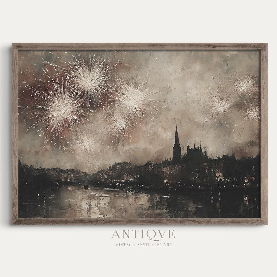 Fireworks Over City Skyline Moody Oil Painting New Year Print