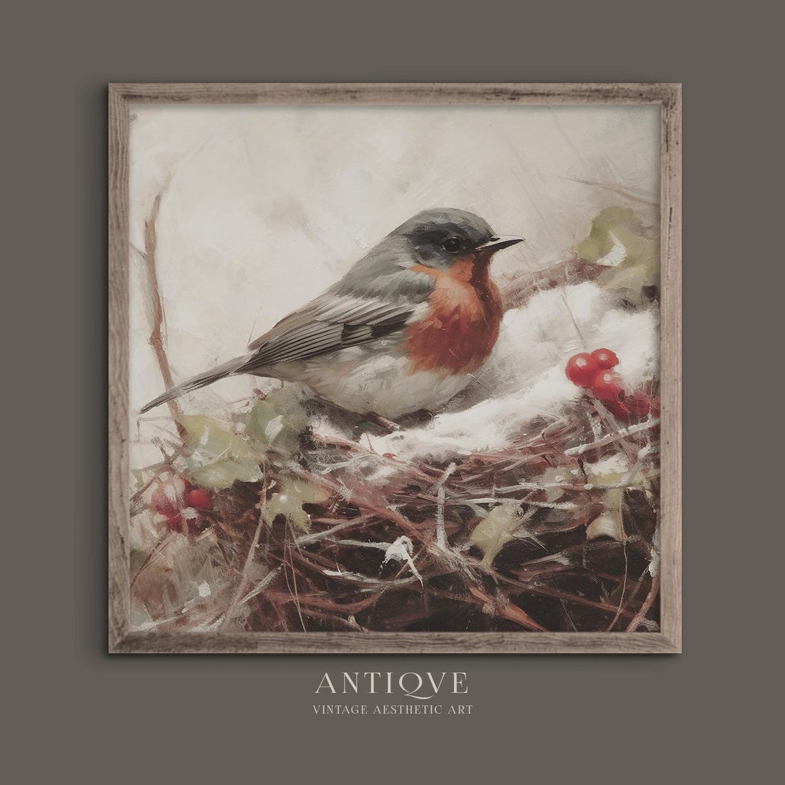 Robin Perched on Snowy Nest with Red Berries Winter Bird Wall Art