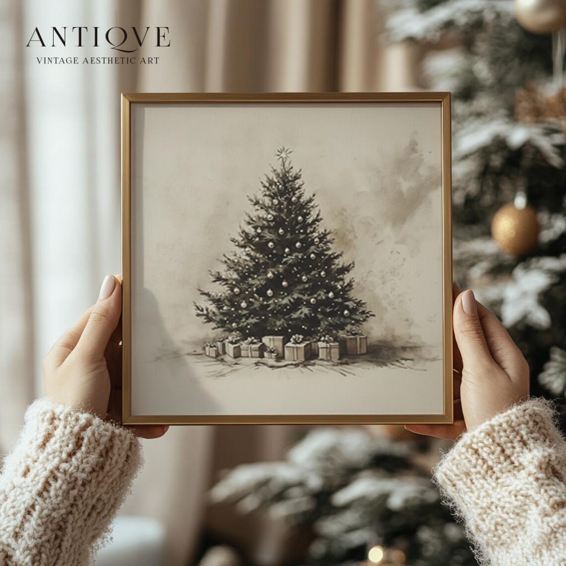 Neutral Christmas Tree With Gifts, Rustic Holiday Decor - Image 3