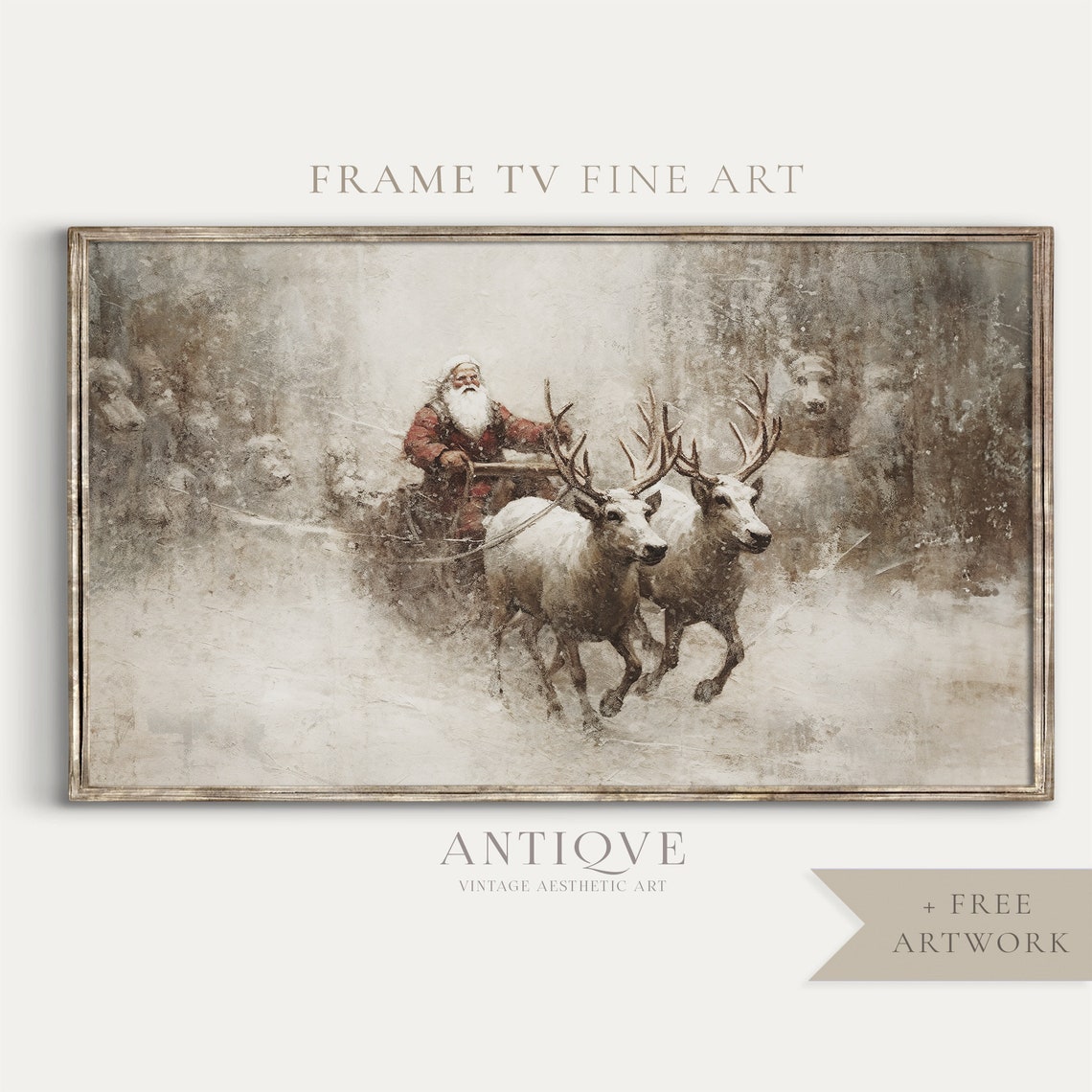 Santa Claus on Sled with Reindeer Vintage Snowy Painting Art Print